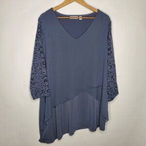 Susan Graver Womens Liquid Knit Tunic Top Size 2X Chiffon Tiers Lace Sleeves